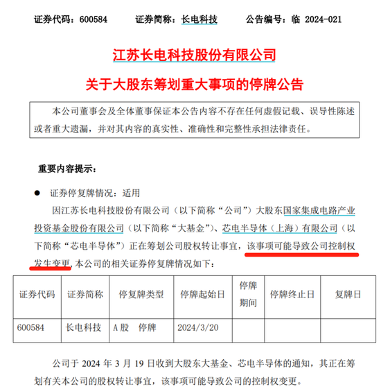 500亿封测龙头突然宣布：停牌，控制权或生变！