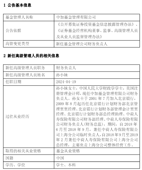 中加基金新任孙小妹为财务负责人 曾任职于北京银行 中荷人寿保险有限公司