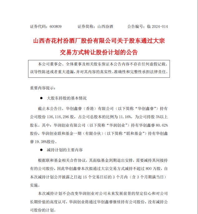 华创鑫睿基金拟减持山西汾酒 华润系或套现超20亿